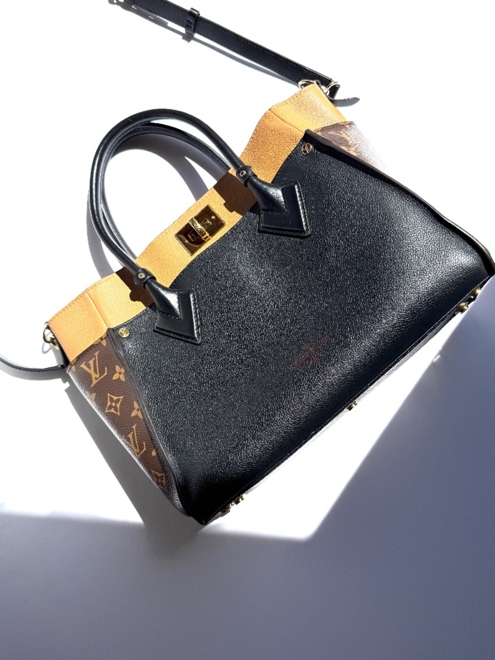 LOUIS VUITTON On My Side Black Brown Top Handle Crossbody Tote Bag MM